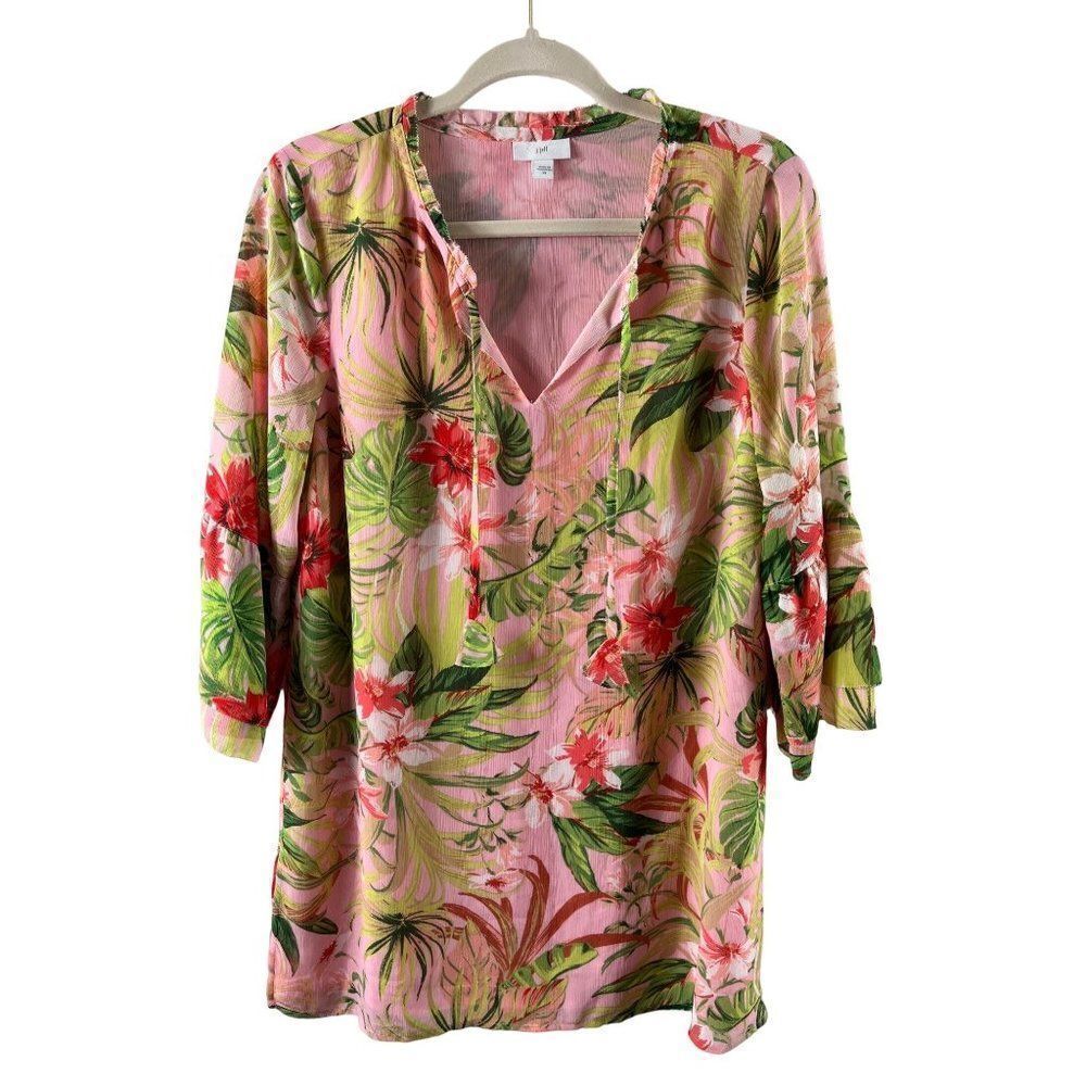 J Jill Seashell Paradise Tropical Floral Print Tunic Dress XS Pink Bell Sleeves
